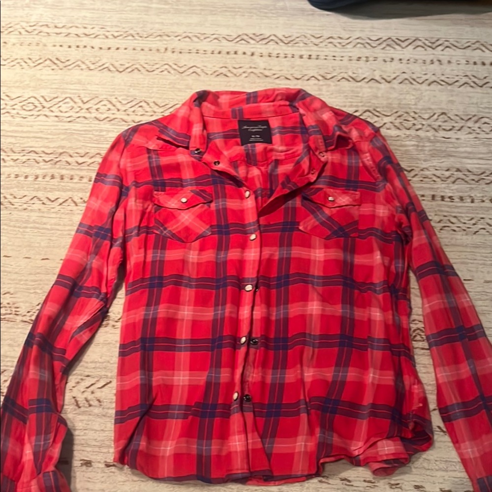 American Eagle Red Plaid Button-Up Shirt